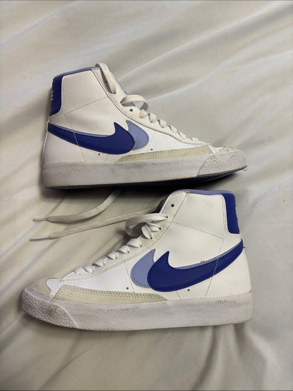 Nike Kid’s High-Top Sneakers in White with Blue and Light Purple Swooshes